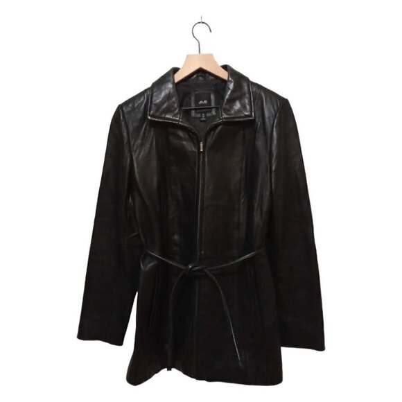 Jlc NY Outwear Collared Waist Tie Zip Front Long Genuine Leather Jacket Sz M - Picture 1 of 9